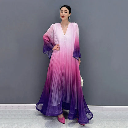 XITAO Gradient Gauze Dress Flare Sleeve Folds V-neck Collar Temperament  Women Long Dress Fashion Casual Loose New WLD20252