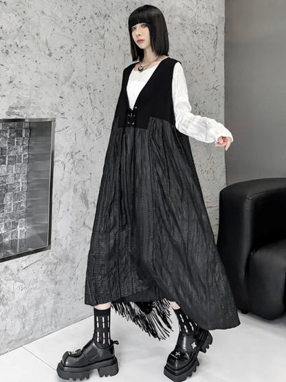 XITAO Solid Color Casual V-neck Sleeveless Dress New Fashion Autumn Patchwork Loose Fitting Female Mid Calf Dress GMM1070