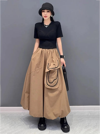 XITAO A-line Casual Ankle-length Loose Solid Color Skirt Elastic Waist Bud Long Style Fashion Pocket Autumn Female Skirt GMM1044