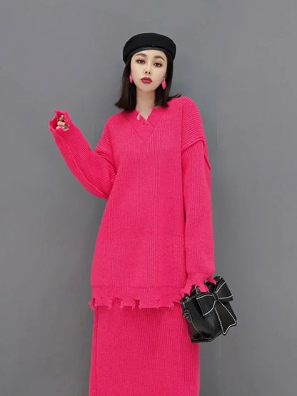 XITAO Fashion Destroy Knitting Dress Sets Solid Color V-neck Pullover Sweater Skirt Two Piece Set 2024 Spring Autumn GWJ2600