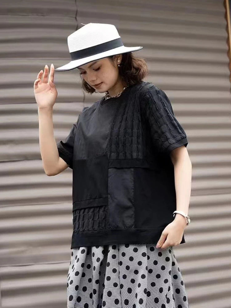 XITAO Folds Causal Female T-shirt Loose Solid Color Women Top Irregular Splicing Short Sleeve Summer New GJ1051