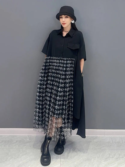 XITAO Asymmetrical Gauze Patchwork Black Shirt Dress Loose Fashion Short Sleeve Single Breasted Dress Summer New ZY8789