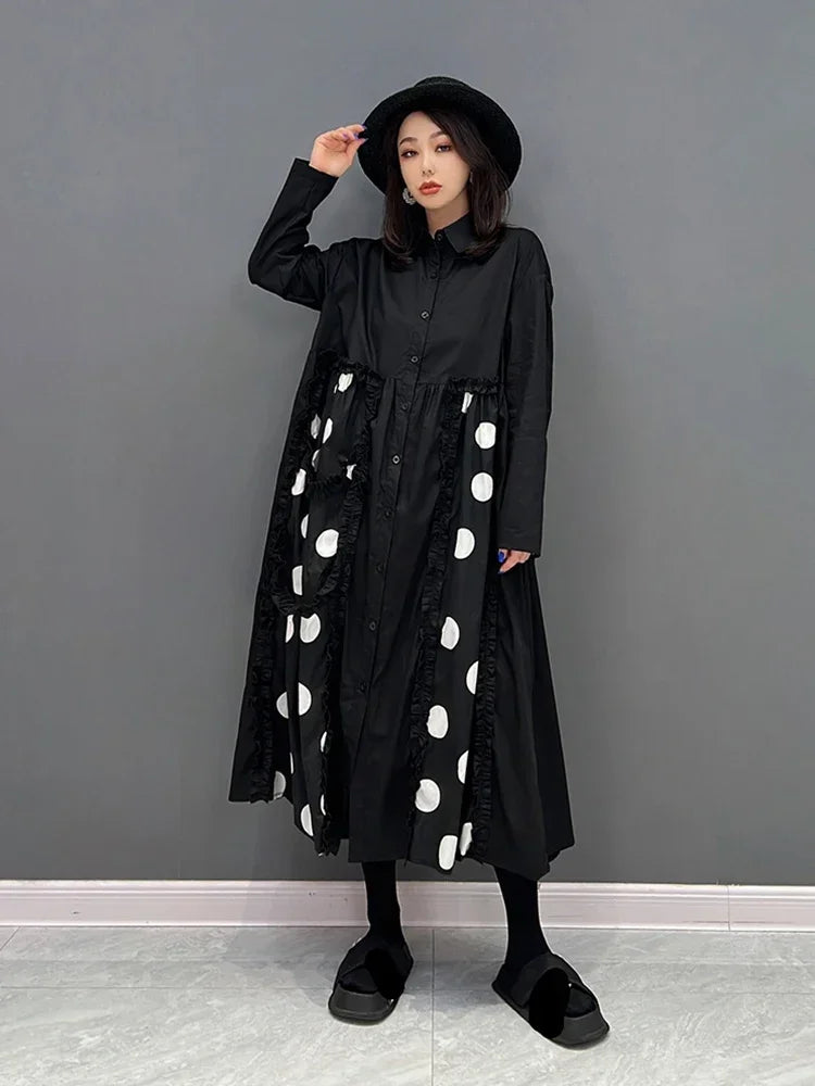 XITAO Fashion Contrast Color Dot Shirt Dress Loose Simplicity Edible Tree Fungus Splicing Hem Spring New Women Dress WLD8726