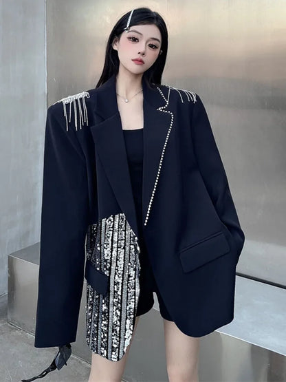 XITAO Fashion Solid Color Casual Single Button Coat Loose Fit Full Sleeve Sequined Black Series Autumn Female Blazer ZYY1048