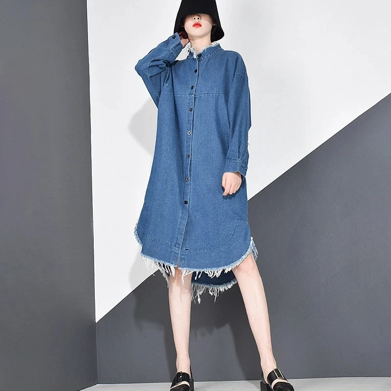 XITAO Casual Denim Tassel Trench Simplicity Loose Spring New Fashion Stand Collar Match All Women Clothes Women Coat KY655