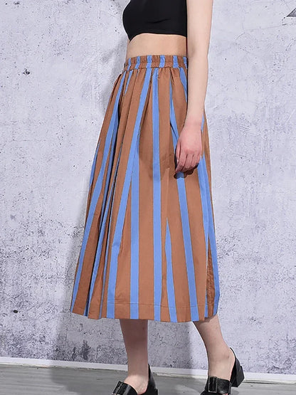 XITAO Striped Skirt Fashion New Women Elastic Waist Goddess Fan Casual Style 2024 Spring Summer Loose Minority Skirt ZY4491