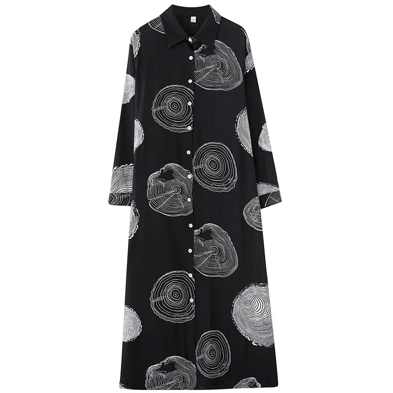 XITAO Print Flower Single Breasted Buckle Contrast Color Dress Fashion A-line Casual Full Sleeve Turn-down Collar Dress GMM1182