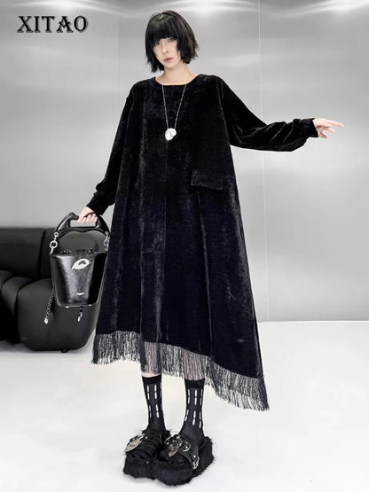 XITAO Solid Loose Trendy A-line Casual Dress O-neck Patchwork Tassel Full Sleeve Autumn Minority Pullover Women Dress ZYY1086