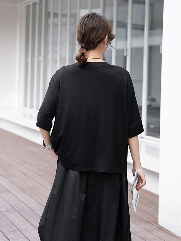 XITAO Asymmetrical Patchwork O-neck T-shirts Solid Color Loose Pullover Short Sleeve Casual Tops 2024 Summer All Match ZY8777