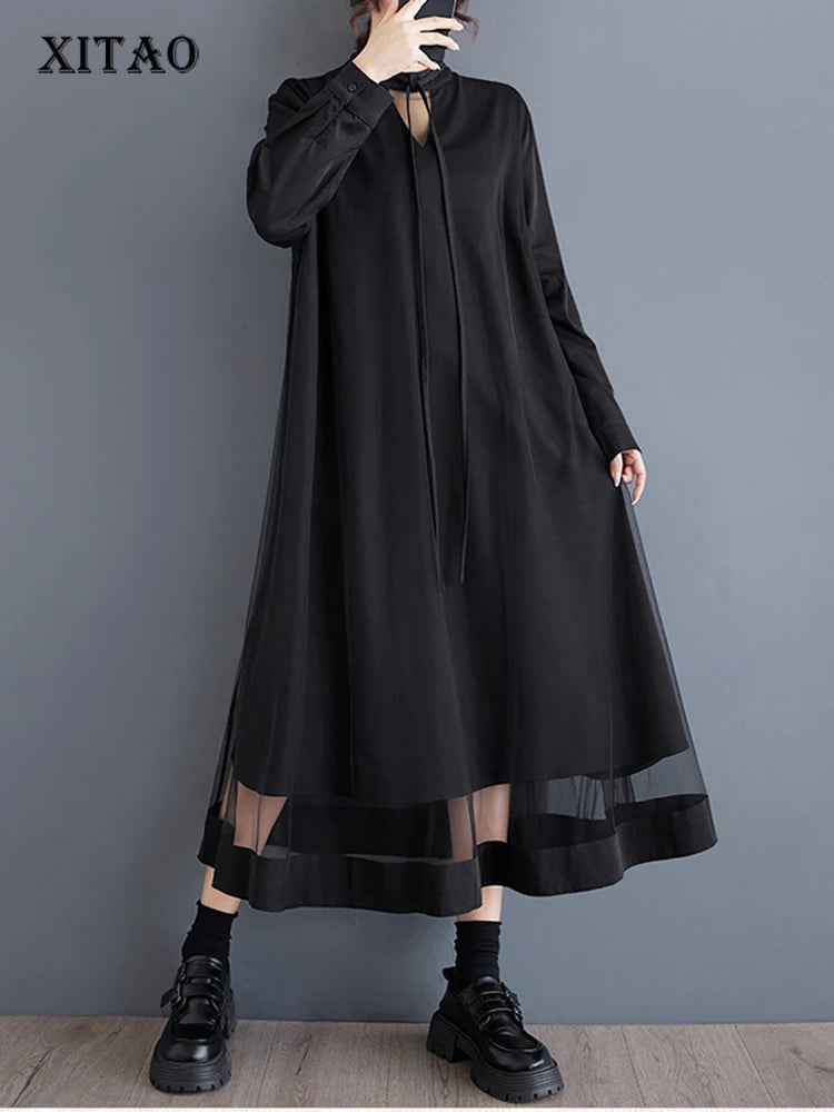 XITAO Casual A-line O-neck Solid Color Mid-calf Dress Trendy Mesh New Arrival Patchwork Fashion Autumn Women Dress GMM1112