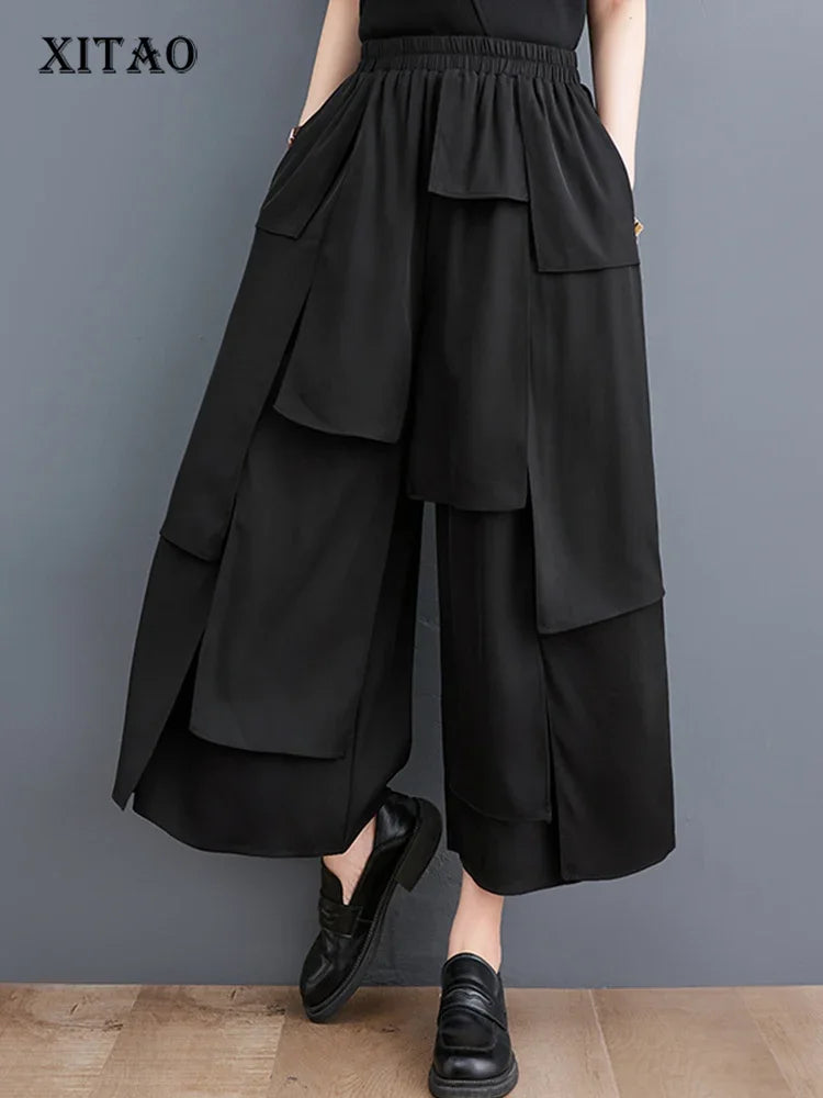 XITAO Casual High Waisted Wide Leg Pants Summer Women New Arrival Patchwork Wind Pleated Black Loose Pants HQQ0094