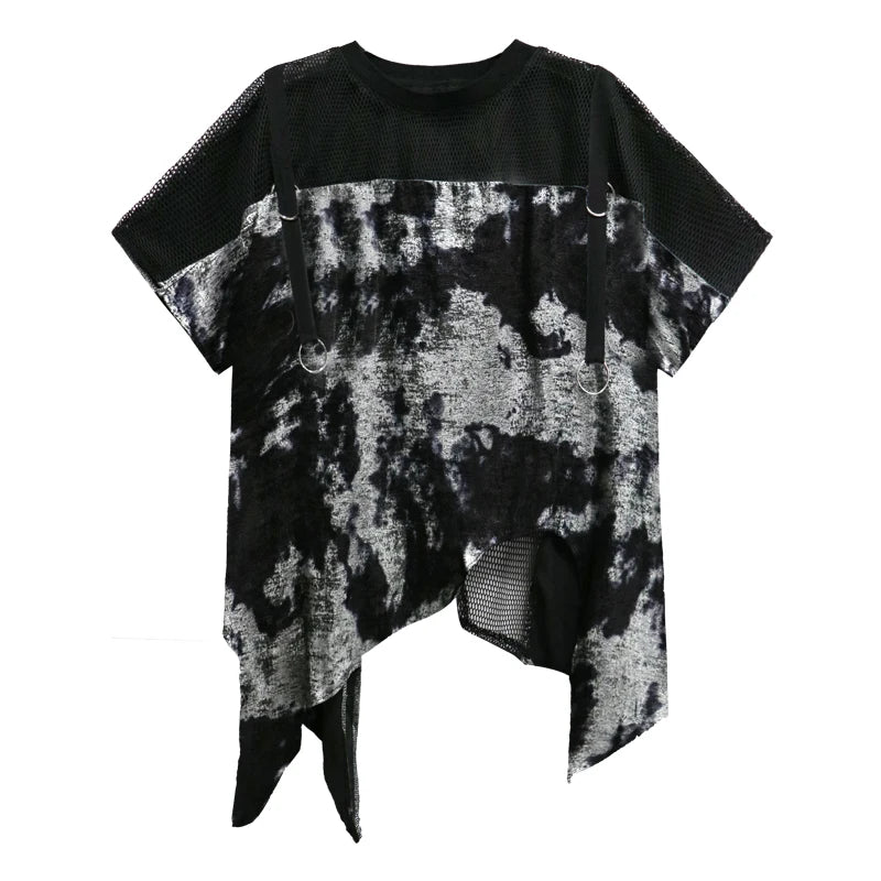 XITAO Asymmetrical T-shirt Personality Tie Dye Mosh Patchwork Women Loose Top Summer Street Trendy Irregular T-shirt ZY8845