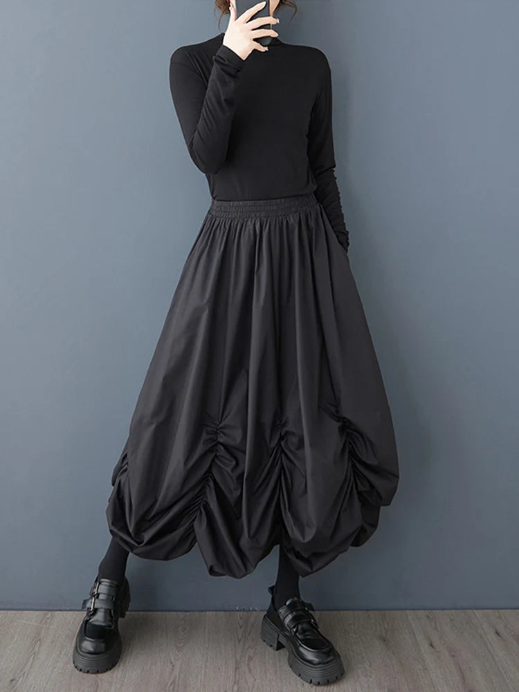 XITAO Bud Fold Elastic Waist Solid Color Skirt Casual Loose Fitting A-line Ankle-length Patchwork Fashion Female Skirt GMM1282