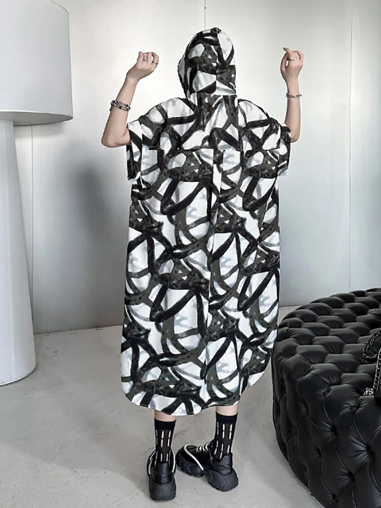 XITAO Fashion Print Hooded Dress Causal Loose Contrast Color Short Sleeve Women Summer Simplicity New Pullover Dress DMJ1454