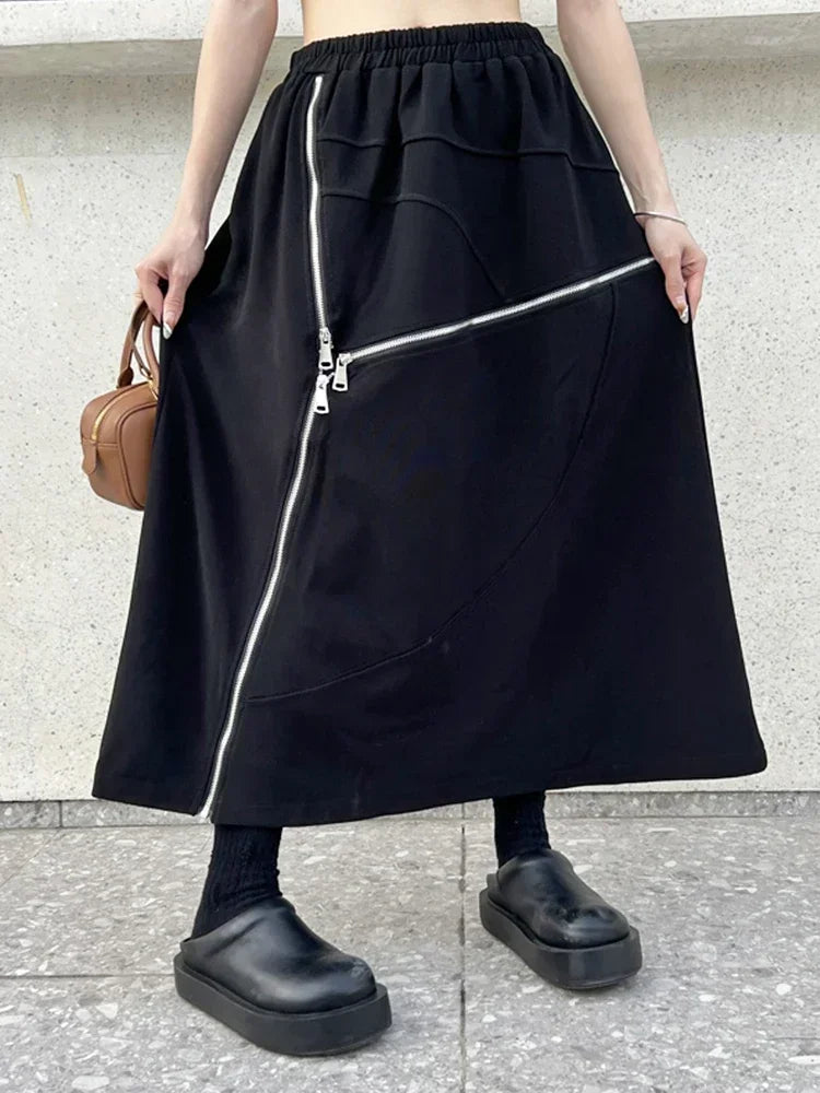 XITAO Irregular Zipper Splicing Skirt Black Casual Fashion Loose Women A-line Skirt Spring All-match New HQQ1919