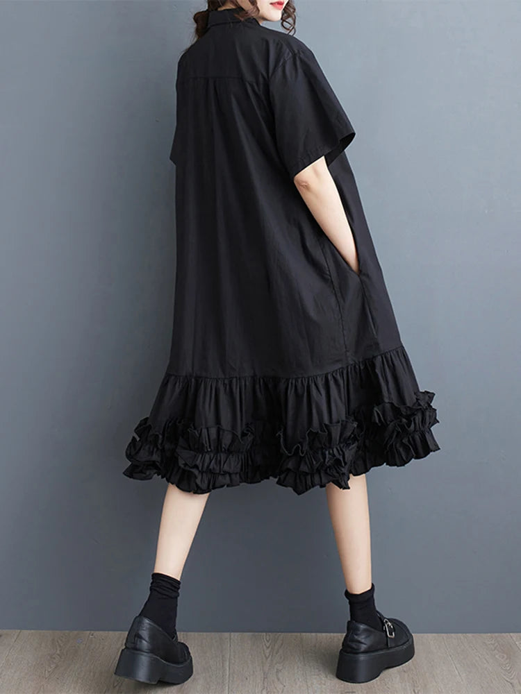 XITAO Casual Shirt Dress Black Simplicity Fashion Splicing Flounced Edge Hem Women Summer New Turn-down Collar Dress WLD20126