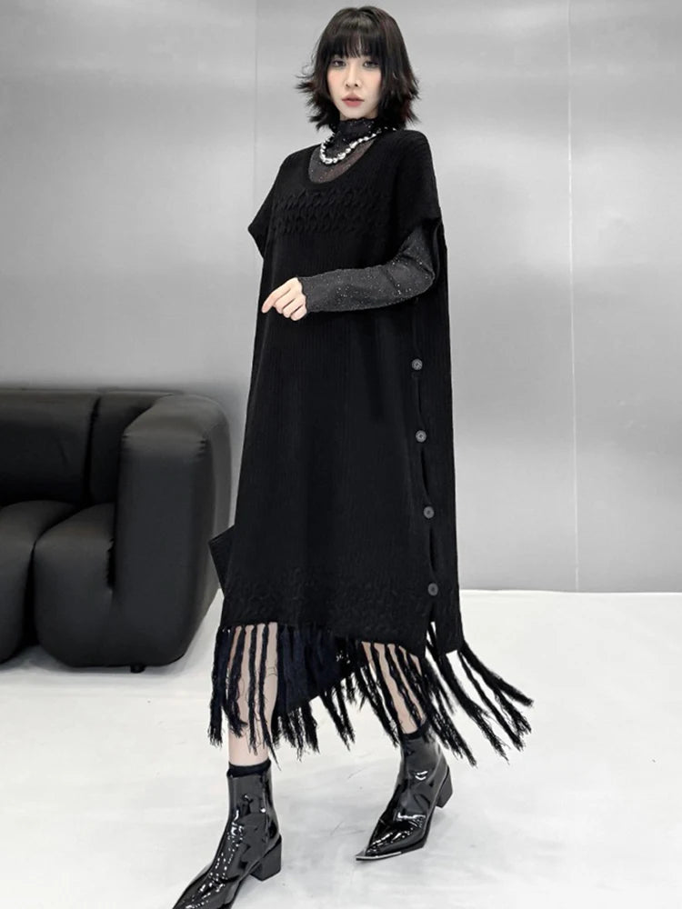 XITAO Tassel O-neck Half Sleeve A-line Dress Casual Mid-calf Pullover Hong Kong Knitting Solid Color Autumn Female Dress GYX1702