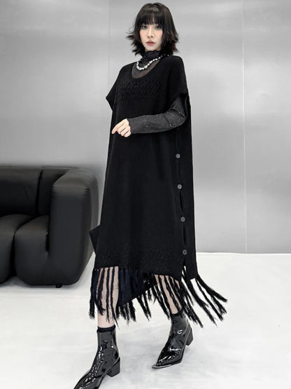 XITAO Tassel O-neck Half Sleeve A-line Dress Casual Mid-calf Pullover Hong Kong Knitting Solid Color Autumn Female Dress GYX1702