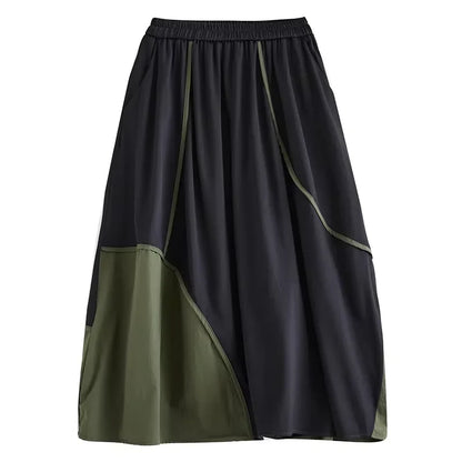 XITAO Solid Color Casual Loose Hong Kong Style Skirt Contrast Color Patchwork A-line Ankle-length Autumn Women Skirt ZYY1069