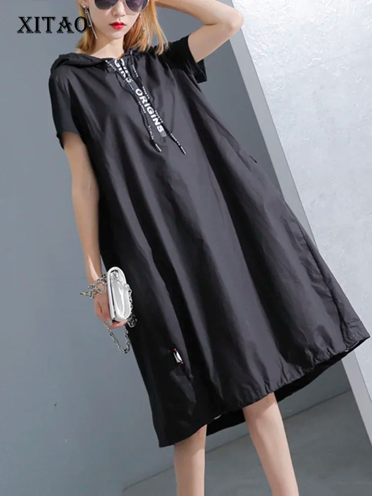 XITAO Hoodie Black Midi Dress 2019 Women Short Sleeve  Elegant Womens Clothing Pullover A Line Party Dress New KY428