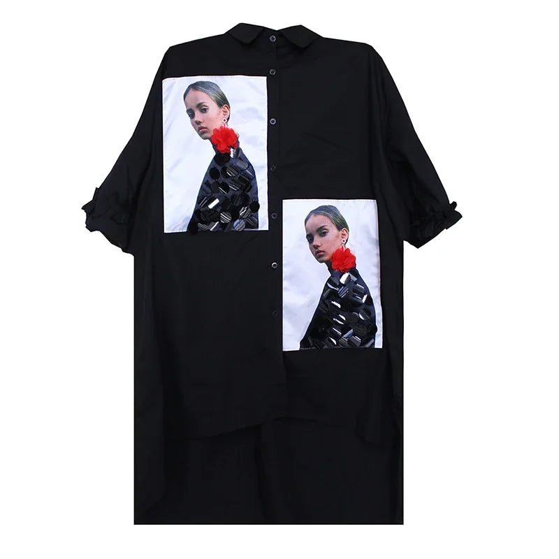 XITAO Print Pattern Blouse Fashion New Women Single Breast Irregular Black Pleated Goddess Fan Casual Shirt WMD1596