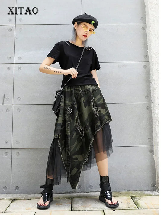 XITAO Pleated Leopard Lace Midi Skirt Women Irregular Print Pole Wild Joker Summer Punk Style Korea Fashion New  XJ1689