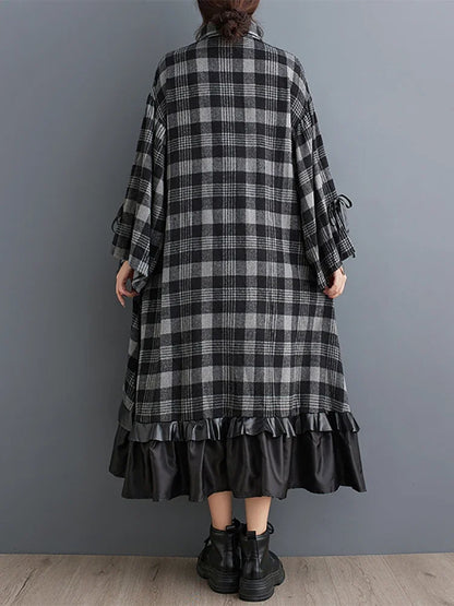 XITAO Plaid Flare Sleeve Asymmetrical Dress Single Breasted Turn-down Collar Patchwork Fashion Shirt Dresses 2024 Autumn LJ1010