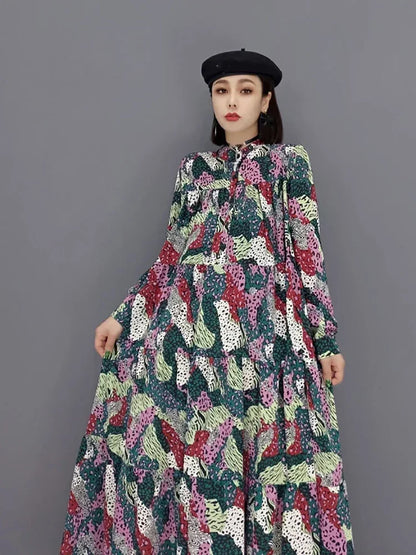 XITAO Print Pattern Dress Fashion New Women Pleated Full Sleeve Spring Long Elegant Minority Casual Style Dress WMD2966