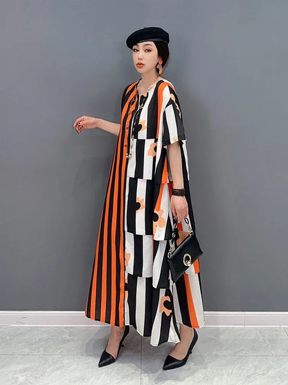 XITAO Asymmetrical Striped Print Dress Loose Fashion Contrast Color Loose Simplicity O-neck Pullover T-shirt Dress ZY8453