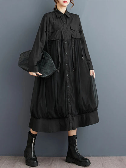 XITAO Casual Solid Color A-line Mid-calf Full Sleeve Dress New Patchwork Mesh Gauze Loose Sweet Autumn Women Dress GMM1033