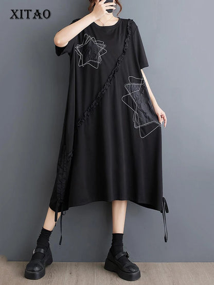 XITAO Black Draw String Lace-up T-shirt Dress Casual Loose Asymmetrical Edible-tree Fungus Splicing Decorate New Dress DMJ4149