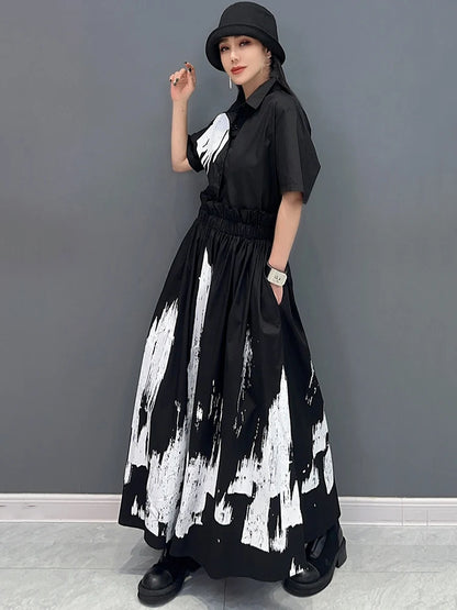 XITAO Summer New Women Two Piece Set Short Sleeve Shirt Loose Casual Elastic Waist A-line Skirt Fashion Casual Sets ZY8769