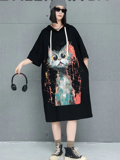 XITAO Hooded Drawstring Animal Print Casual Dress Loose Fitting Knee-length Half Sleeve Fashion New Summer Women Dress GMM1195