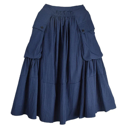 XITAO Pocket Patchwork Folds Solid Color Skirt A-line Mid-calf Fashion All Match Slimming Casual Temperament Loose Skirt GMM1341