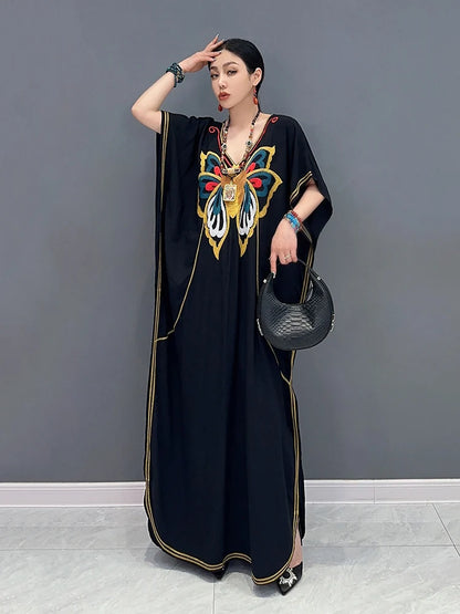 XITAO Bat Wing Sleeve Dress Embroidery Butterfly Pattern Loose Fashion Contrast Color Casual Dress Summer New Women LYD1735