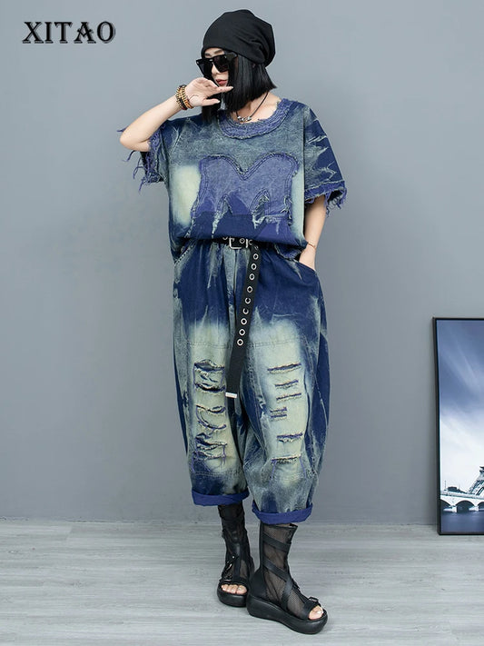 XITAO Vintage Denim Female Pants Sets Contrast Color Harem Pants Personality Street Trendy Women Two Pieces Sets HQQ2362