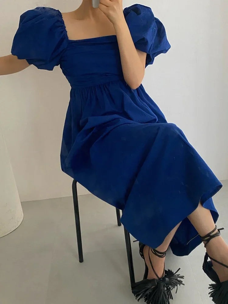 XITAO Pleated Solid Dress Women Summer New Arrival Personality Fashion Loose Puff Sleeve Ankle-length Dress HQQ1271