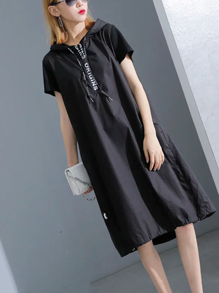 XITAO Hoodie Black Midi Dress 2019 Women Short Sleeve  Elegant Womens Clothing Pullover A Line Party Dress New KY428