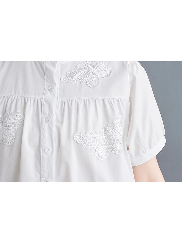 XITAO Contrast Color Embroidery Butterfly Dresses Stand Collar Pullover Single Breasted Short Sleeve Dress Summer New ZY8704