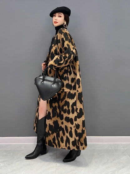 XITAO Leopard Single Breasted V-neck Blends Pocket Patchwork Long Sleeve Loose Fashion Mid-calf Long Coat 2024 Autumn New LJ1063