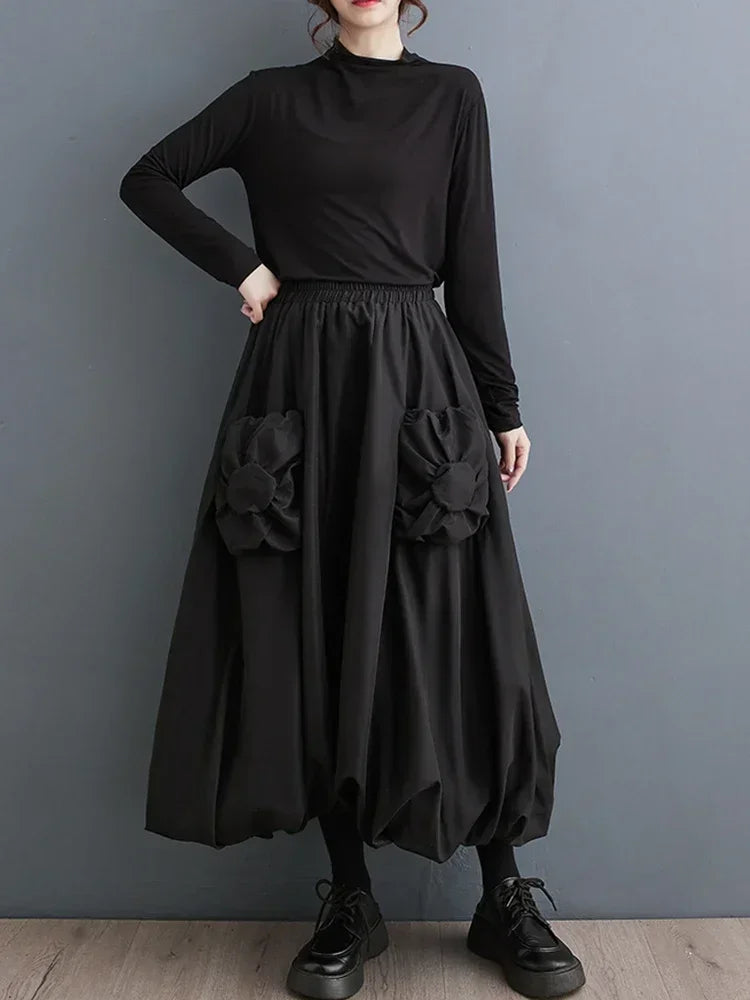 XITAO Three Dimensional Decoration Female A-line Skirt Patchwork Pleated Elastic Waist Solid Simplicity Women Skirt DMJ3413