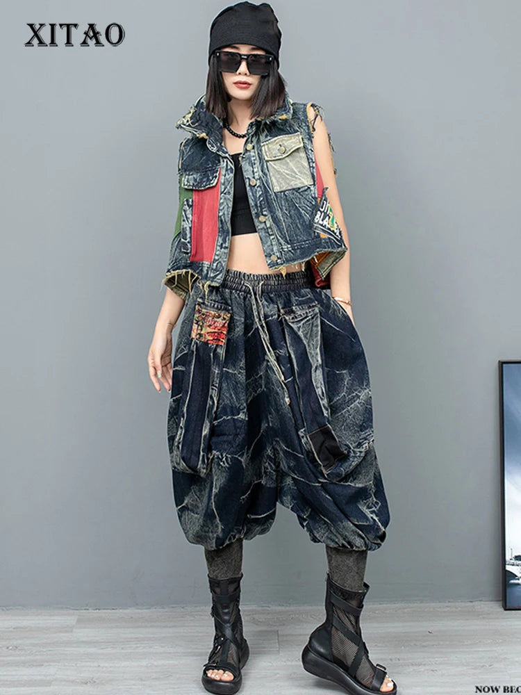 XITAO Denim Pants Sets Personality Fashion Irregular Contrast Color Patchwork Vest Calf-length Pants Two Pieces Sets LYD1878