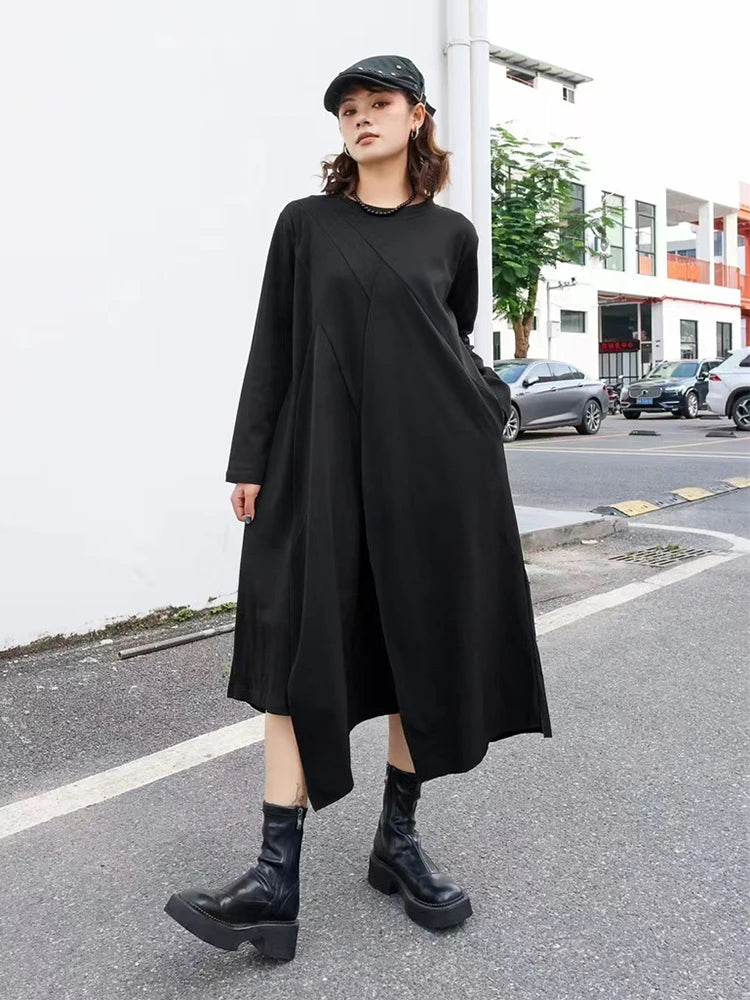 XITAO Asymmetrical Solid Color Patchwork Dresses O-neck Pullover Long Sleeve Loose Casual Slimming Dress 2024 Autumn New GJ1096