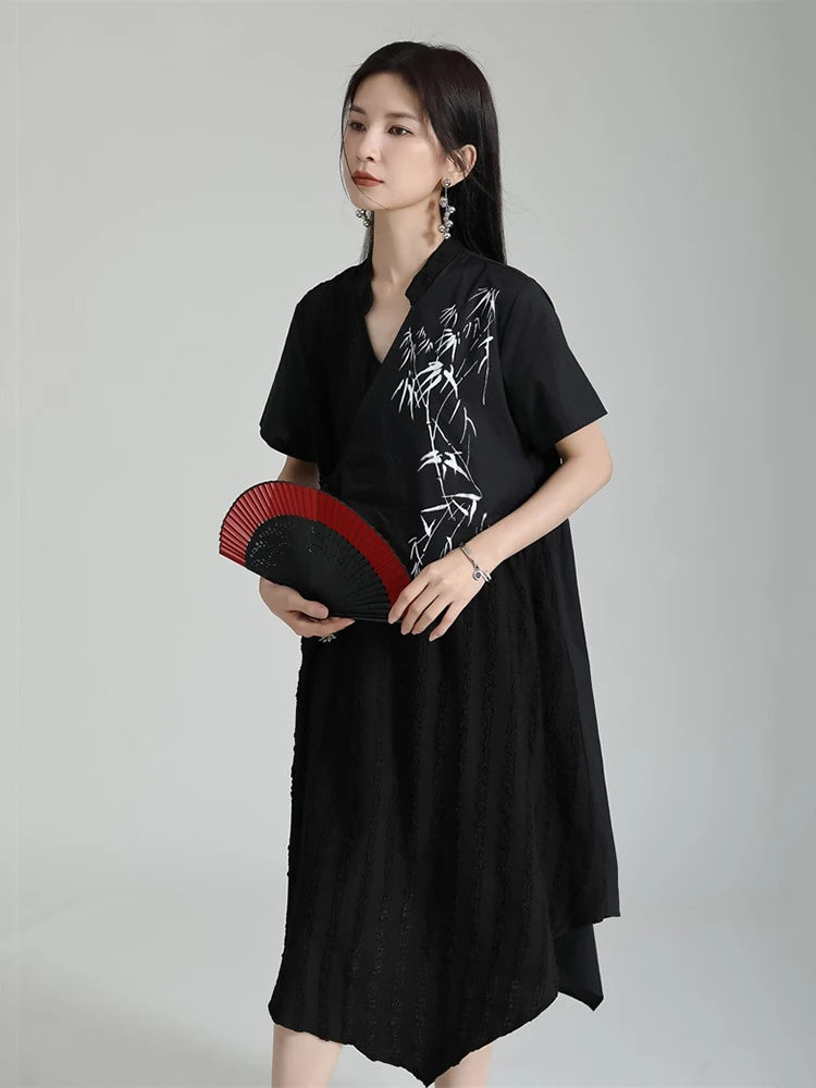 XITAO Asymmetrical Print Stand Collar Dress Solid Color Patchwork Short Sleeve Pullover Dress 2024 Summer New Fashion ZY8738