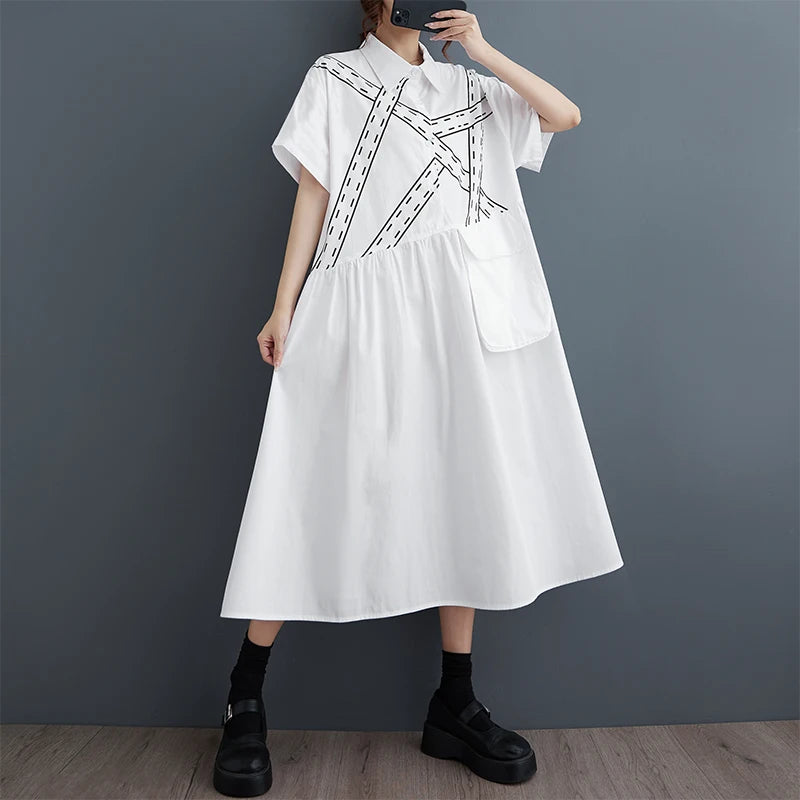 XITAO Big Pocket Shirt Dress Asymmetrical Splicing Fashion Loose Casual Short Sleeve Women Summer Simplicity New Dress WLD20249