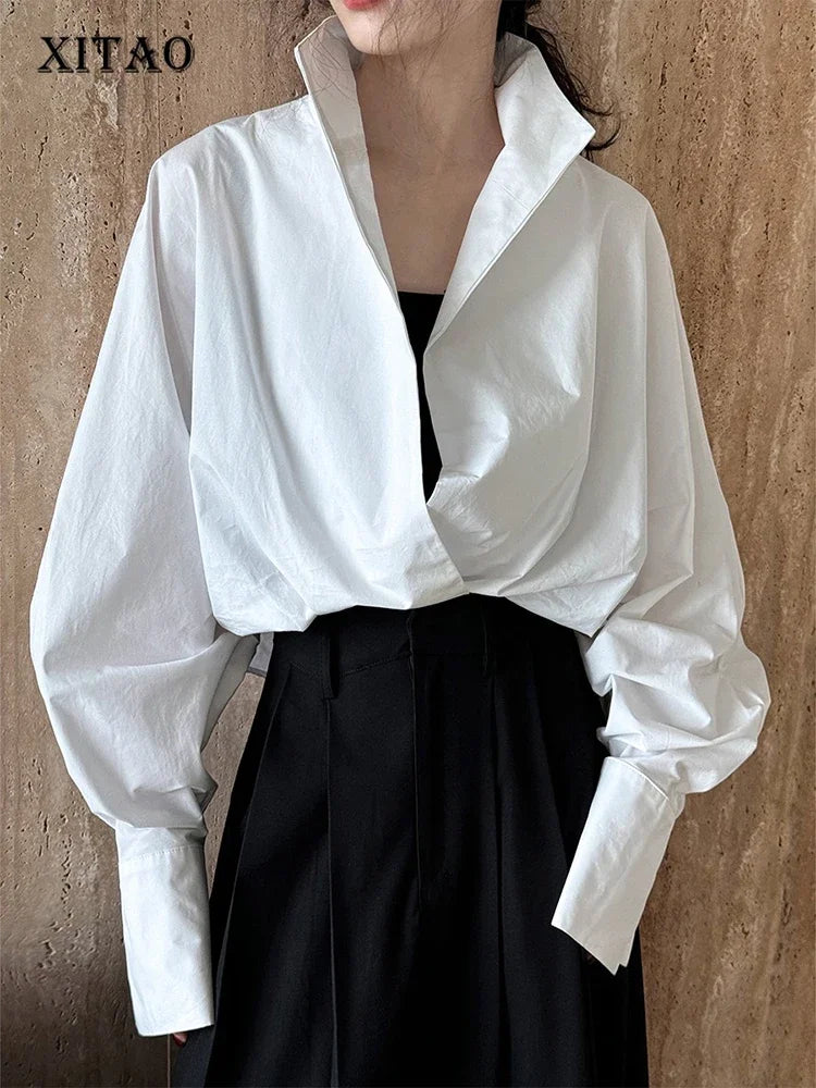 XITAO V-neck Temperament Solid Color Shirt Full Sleeve Loose Casual Simplicity All-match 2024 Autumn Women New Shirt Top ZY8901