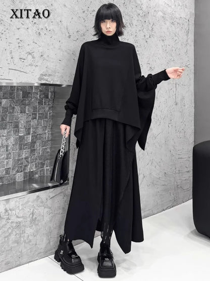 XITAO Casual Full Sleeve A-line Elastic Waist Ankle-length Matching Set Black Series Fashion Autumn Female Dress Set GMM1061