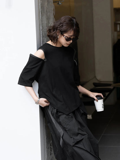 XITAO Irregular Zipper T-shirt Solid Color Short Sleeve Simplicity Personality Fashion New Summer Women Pullover Top DMJ4081