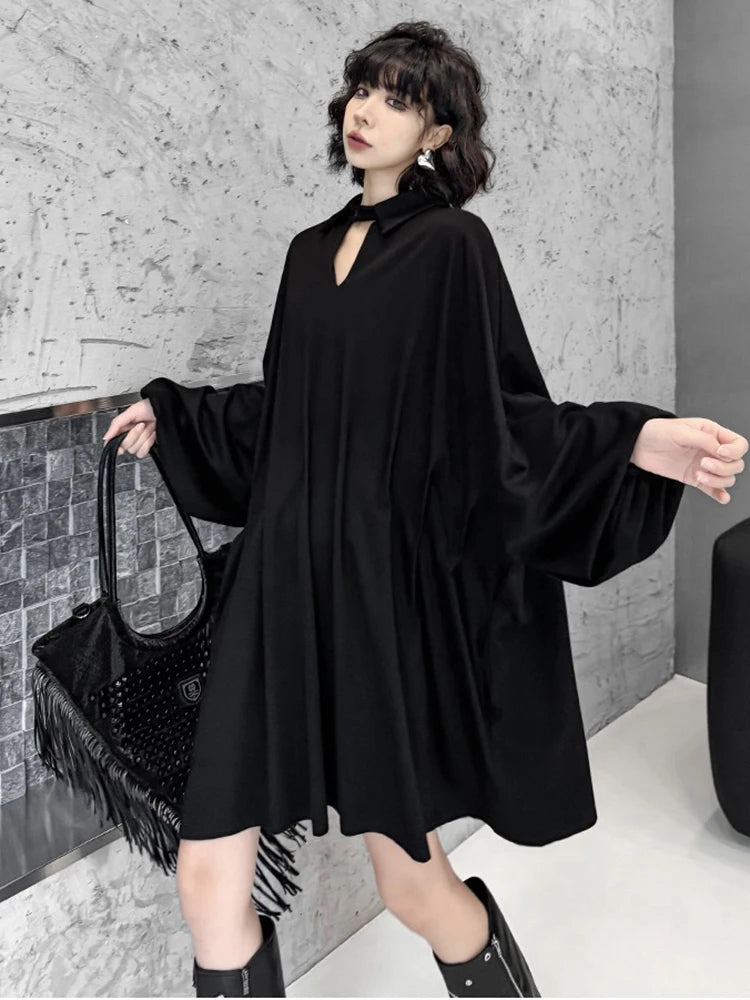 XITAO Hollow Out Batwing Sleeve Lapel Dress Casual Loose Fitting A-line Full Sleeve Elegant Turn-down Collar Women Dress GYX1700