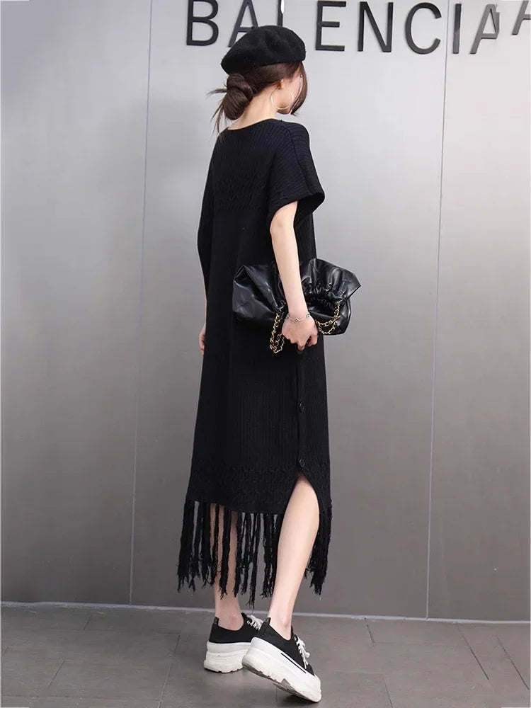 XITAO Knitting Patchwork Tassel Side Split Dress Solid Color O-neck Pullover Loose Slimming Hong Kong All Match GMM1352